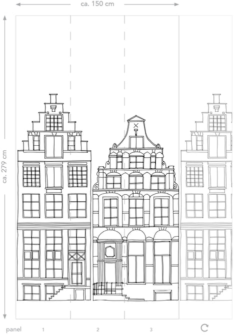 ESTAhome fotobehang getekende Amsterdamse grachtenhuisjes zwart en wit - 150 x 279 cm - 158834 - vtwonen shop