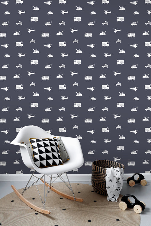 ESTAhome behang auto's, brandweerauto's, helikopters en kranen blauw 53 cm x 10.05 m 138916