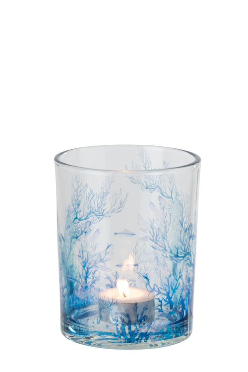 J-Line theelichthouder Koraal - glas - transparant/blauw - medium