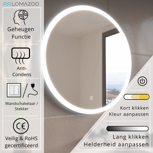 LOMAZOO badkamerspiegel Boston - met LED verlichting & anti condens - rond - 80 cm