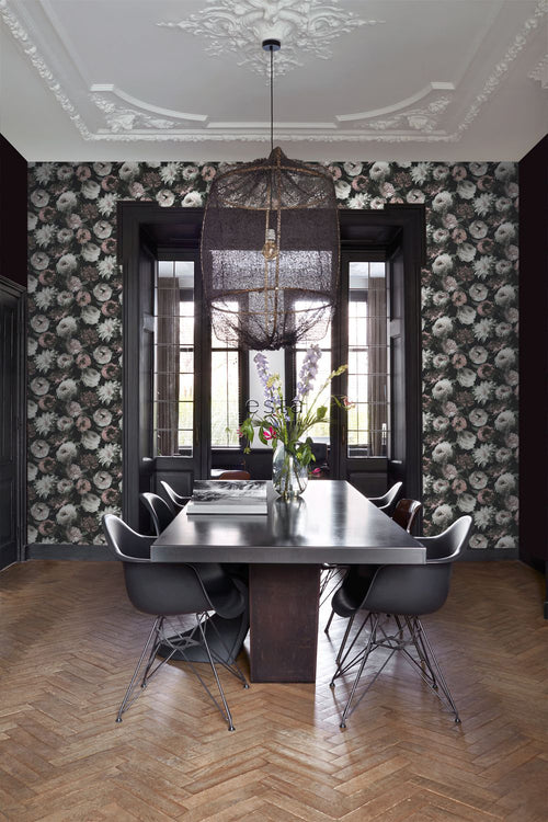 ESTAhome behang bloemen zwart, wit en zacht roze - 0,53 x 10,05 m - 139169 - vtwonen shop