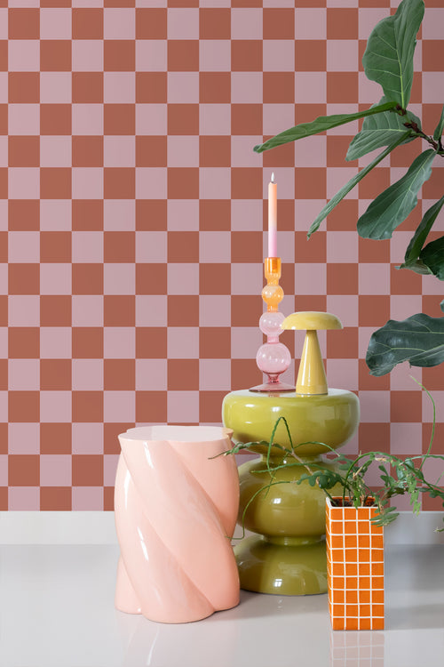 ESTAhome behang geblokt motief terracotta en oudroze - 50 x 900 cm - 131419 - vtwonen shop