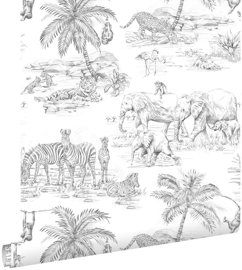 ESTAhome behang jungle dieren zwart wit - 53 cm x 10.05 m - 139299