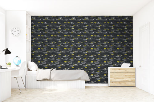 Sanders & Sanders behang race auto's geel en zwart wit - 50 x 900 cm - 935365