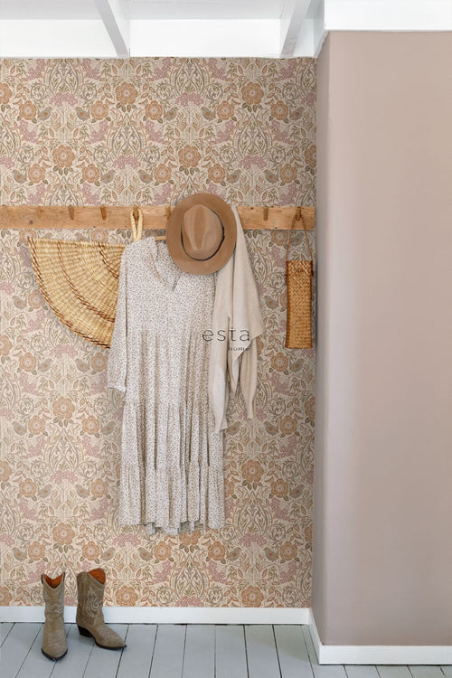 ESTAhome behang bloemen en vogels in art nouveau stijl terracotta 53 cm x 10.05 m 139567