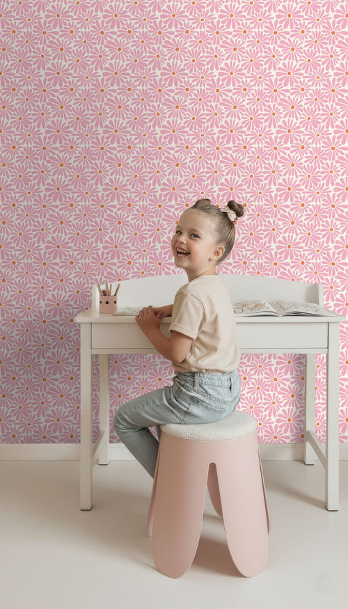 ESTAhome behang madeliefjes roze en oranje - 53 cm x 10.05 m - 131149