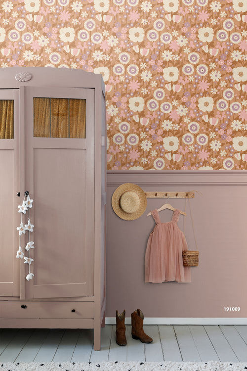 ESTAhome behang retro bloemen terracotta bruin, roze en paars - 50 x 900 cm - 132161