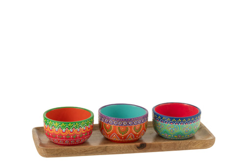 J-Line kom + plateau Mumbai - keramiek/hout - mix - 3 stuks
