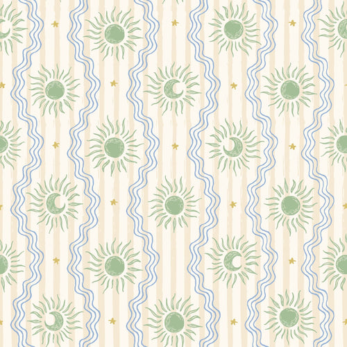 ESTAhome behang retro ornamenten beige, blauw en groen - 50 x 900 cm - 132015