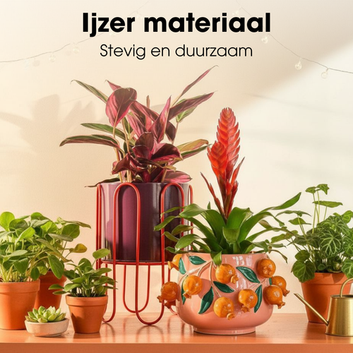Mica Decorations Dione Bloempot op Standaard - Plantenpot Set van 2 - Plantenstandaard H35 x Ø26 cm - Plantenhouder van Metaal - Pottenset - Rood