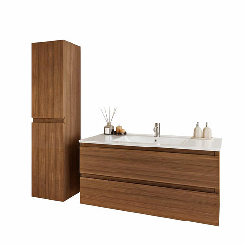 LOMAZOO badmeubelset Verona - met hoge kast & witte wastafel - warm eiken - 100 cm