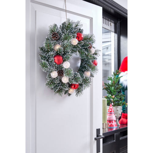 Black Box Trees Kaprun Kerstkrans met LED Verlichting - Kerst Krans Ø45 cm met Kerstversiering en Dennenappels - Groen Frosted, Rood