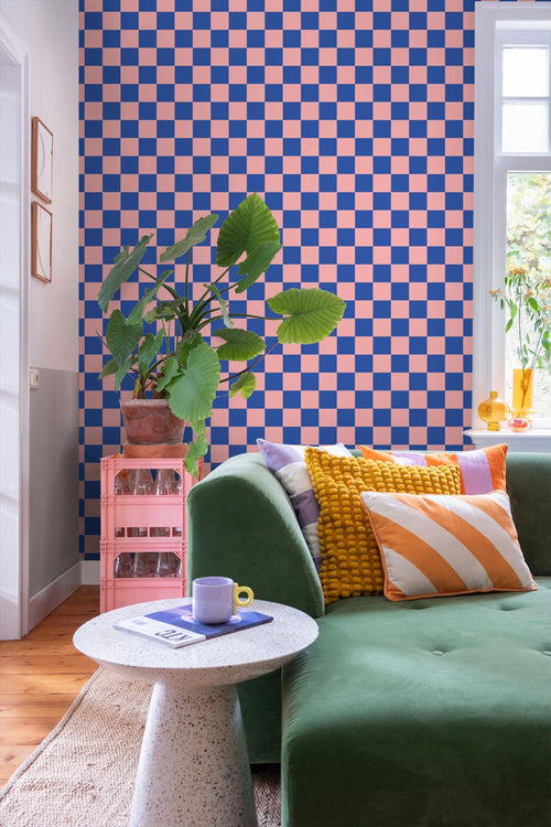 ESTAhome behang geblokt motief roze en koningsblauw - 53 cm x 10.05 m - 130915
