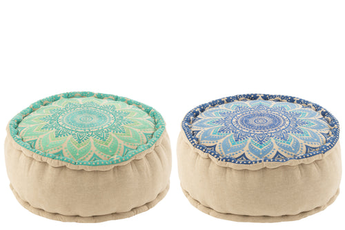 J-Line poef Rond Bloem - katoen - turquoise/blauw - 2 stuks