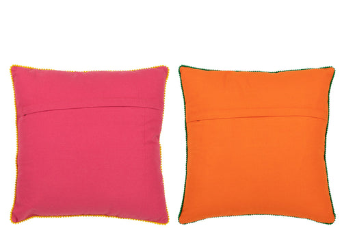 J-Line kussen Bloemen Geborduurd - katoen/polyester - oranje/roze - 2 stuks