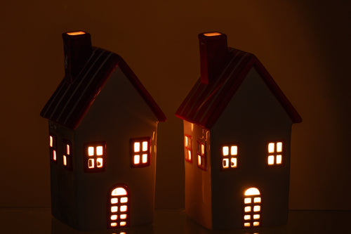 J-Line theelichthouder Huis Dolomiet - keramiek - oranje/rood - 2 stuks