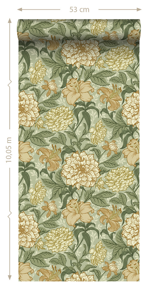 ESTAhome behang vintage bloemen groen en okergeel - 0,53 x 10,05 m - 139379 - vtwonen shop