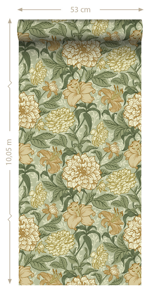 ESTAhome behang vintage bloemen groen en okergeel - 53 cm x 10.05 m - 139379