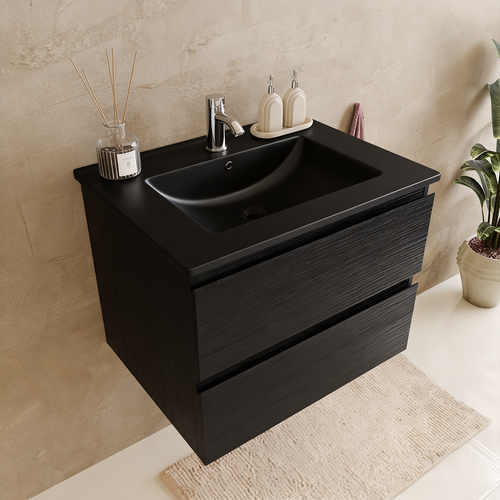LOMAZOO badmeubelset Verona - met kolomkast & zwarte wastafel - mat zwart - 60 cm