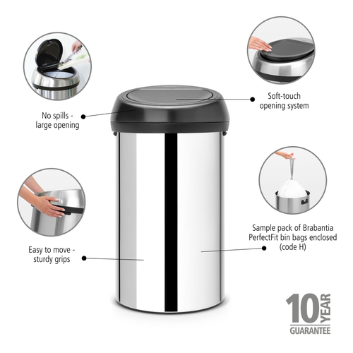 Brabantia Touch Bin afvalemmer, 60L - Brilliant Steel