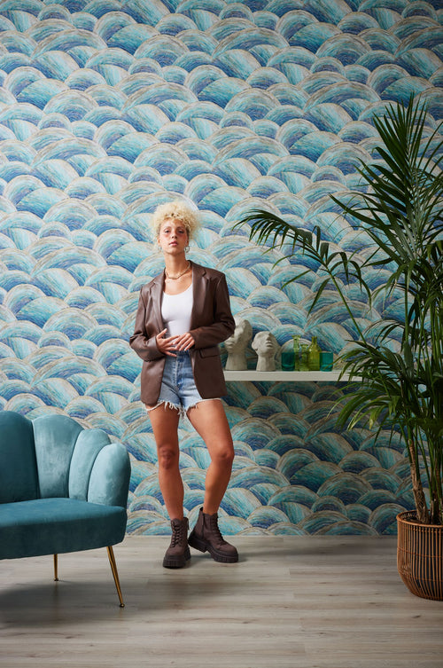 Livingwalls behang art deco bogen blauw, turquoise, goud en grijs - 53 cm x 10.05 m - AS-391051