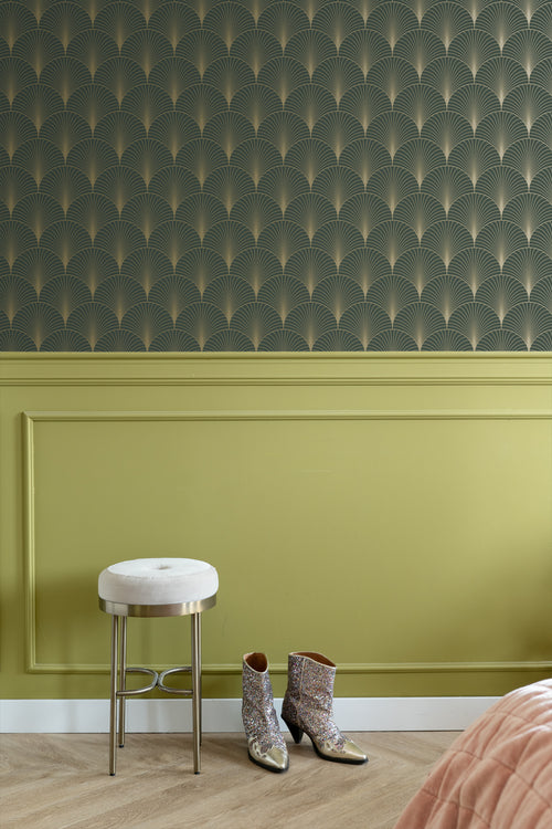 ESTAhome behang art deco motief donkergroen en goud - 53 cm x 10.05 m - 139584