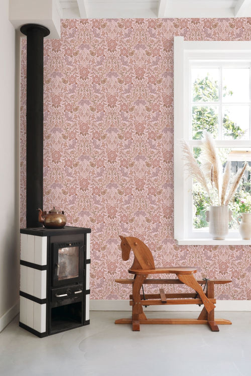 ESTAhome behang bloemen en vogels lila paars en terracotta roze - 53 cm x 10.05 m - 139830