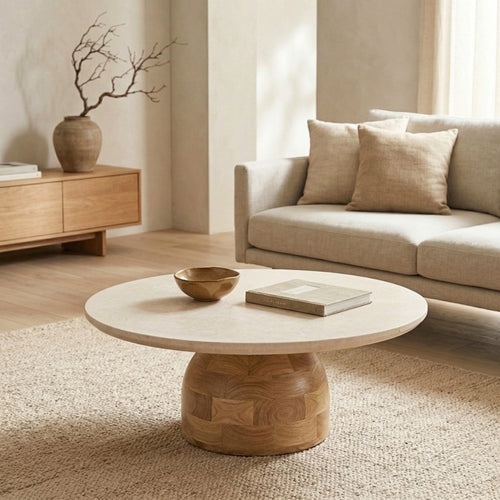 DÉJA Living Eettafel Miro Rond - Marmer/Hout - Naturel - 90x90x35cm