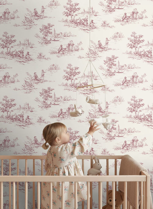 ESTAhome behang toile de jouy print bordeaux rood en wit - 50 x 900 cm - 132111