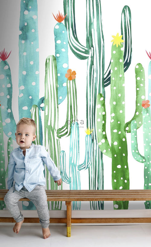 ESTAhome fotobehang aquarel geschilderde bloeiende cactussen tropisch junglegroen en turquoise - 150 x 279 cm - 158829 - vtwonen shop