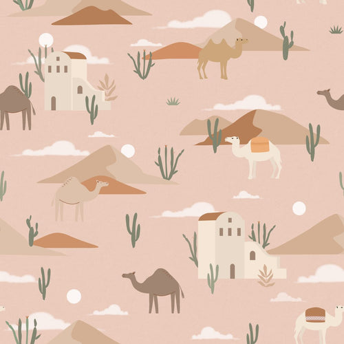 ESTAhome behang kamelen en cactussen terracotta roze - 50 x 900 cm - 139703 - vtwonen shop