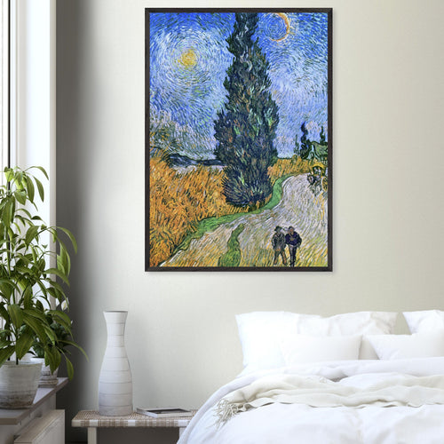 Artfulprints Poster met Lijst Vincent van Gogh - Landweg in de Provence bij nacht   - 50x70 cm - Blauw