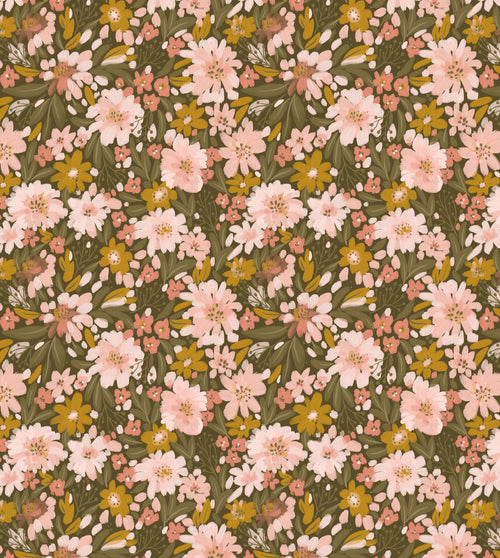 ESTAhome fotobehang bloemen vergrijsd olijfgroen, zacht roze en okergeel - 2.5 x 2.79 m - 159628
