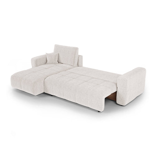 Premium Interiors - Linkshoekbank met slaapfunctie en opbergruimte VIBE - zacht aanvoelende geweven stof crème 286cm