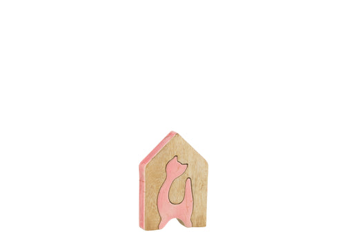 J-Line decoratie Huis Kat - hout - roze/naturel - small