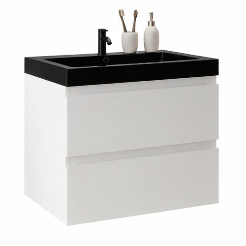 LOMAZOO badkamermeubel Monaco - zwevend met zwarte wastafel - glanzend wit - 60 cm