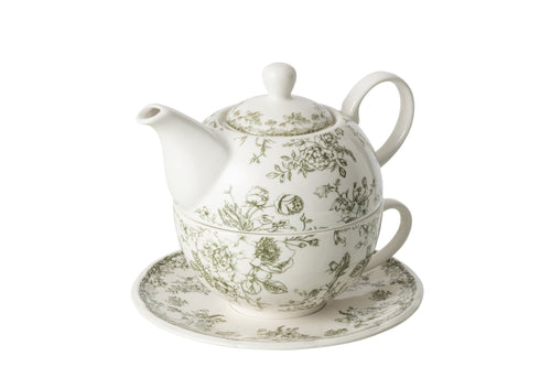 J-Line theepot Bloemen - keramiek - donkergroen/wit