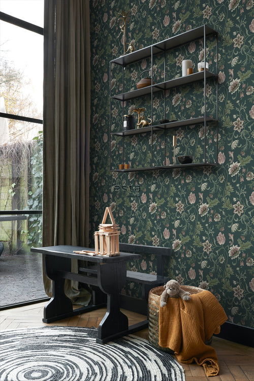 ESTAhome behang vintage bloemen antraciet grijs en groen - 53 cm x 10.05 m - 139415