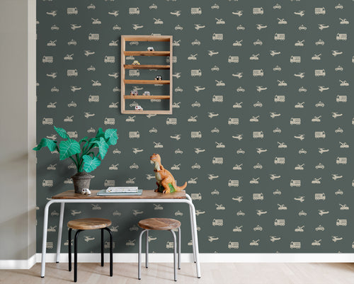 ESTAhome behang auto's, brandweerauto's, helikopters en kranen donkergroen - 53 cm x 10.05 m - 131400 - vtwonen shop