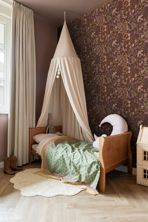 ESTAhome behang bloemen en vogels bruin, groen, terracotta en paars - 50 x 900 cm - 131467 - vtwonen shop