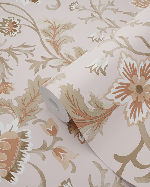ESTAhome behang vintage bloemen oudroze, terracotta en groen - 53 cm x 10.05 m - 139478