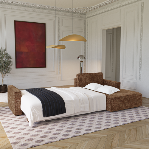Premium Interiors - Rechthoekige hoekbank met slaapfunctie en opbergruimte  - stof met tweed-effect karamel 297cm