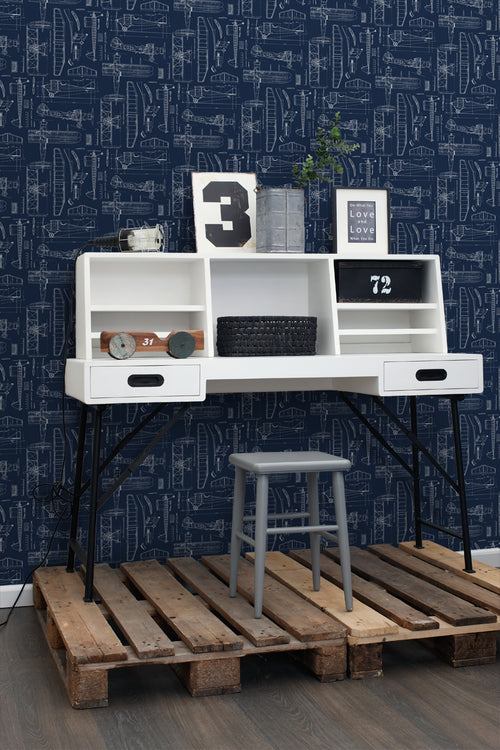 ESTAhome behang constructietekeningen van vliegtuigen donkerblauw - 53 cm x 10,05 m - 128810 - vtwonen shop