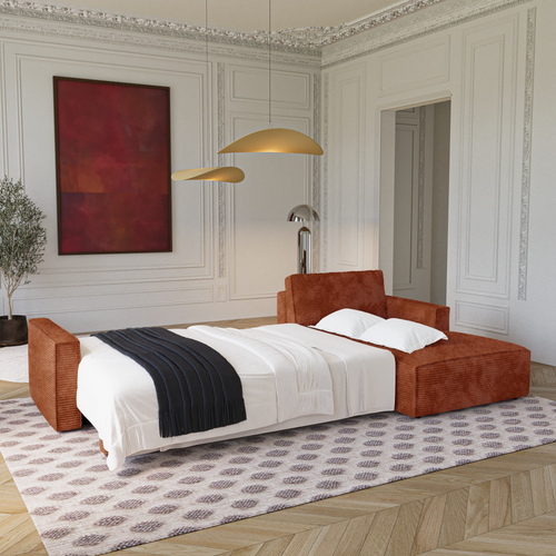 Premium Interiors - Rechthoekige hoekbank met slaapfunctie en opbergruimte  - corduroy terracotta 297cm