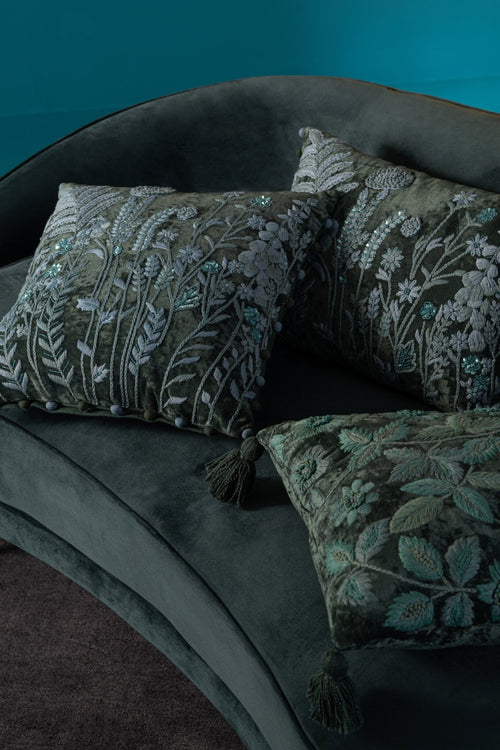 J-Line kussen Bladeren + Bloemen Vierkant - viscose - donkergroen/turquoise