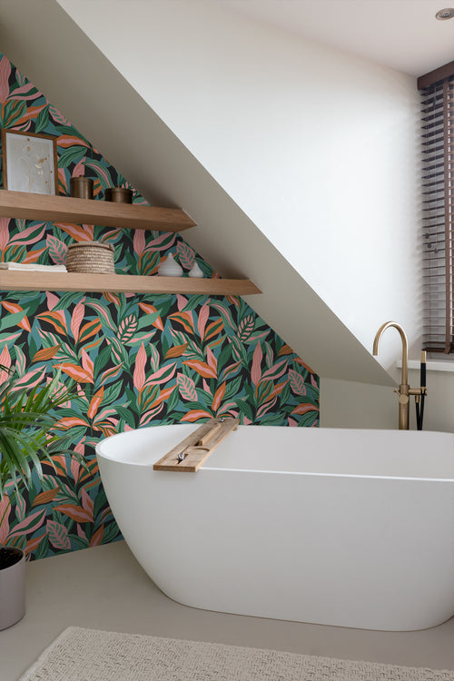 ESTAhome behang tropische bladeren turquoise, roze en oranje - 50 x 900 cm - 131046 - vtwonen shop