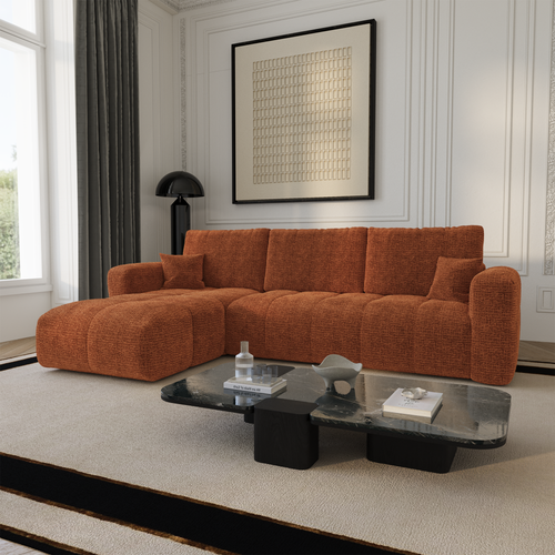 Premium Interiors - Linkshoekbank met slaapfunctie en opbergruimte VIBE - zacht aanvoelende geweven stof terracotta 286cm