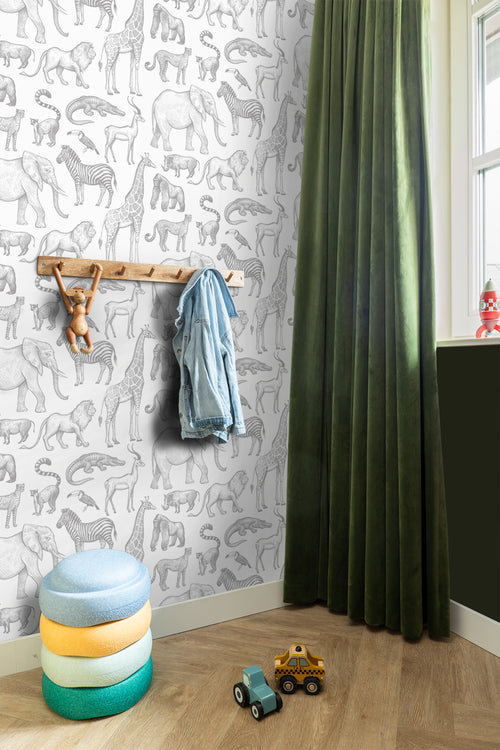 ESTAhome behang jungle dieren wit en grijs - 53 cm x 10.05 m - 139691