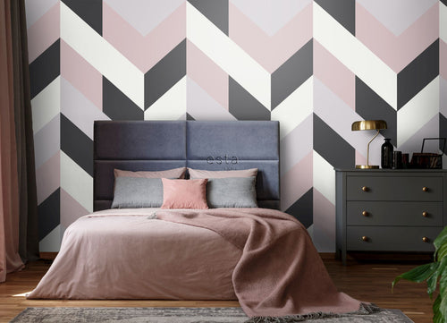 ESTAhome fotobehang visgraat-motief zwart, wit en oudroze - 150 x 279 cm - 158902