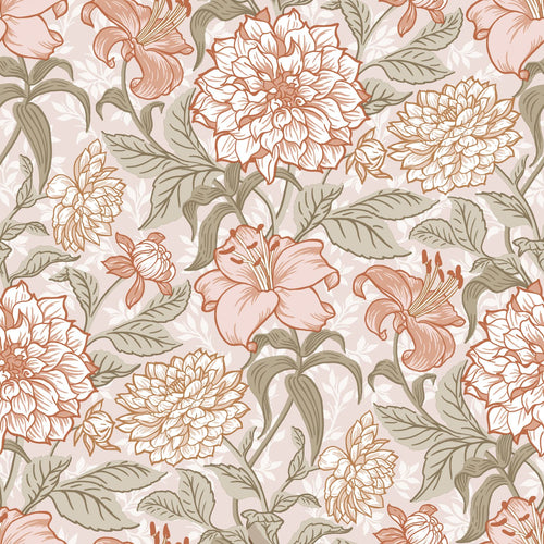 ESTAhome behang vintage bloemen oudroze en groen - 53 cm x 10.05 m - 139479